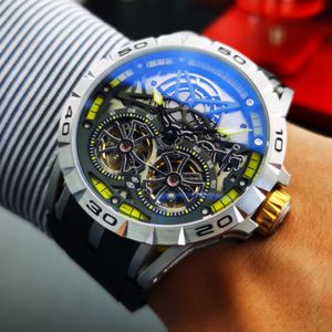 MENS Titta på Luxury King Series dubbel svänghjul Automatisk klocka 46mm ihålig Tourbillon gummiband armbandsur