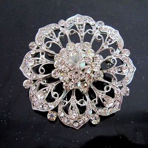 Vintage-rhodium silverpläterad klar strass kristall stor blomma brosch för bröllop