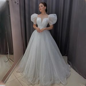 Vestidos de casamento linha a brilhantes com manga bufante querida plissado vestido de noiva glitter tule vestidos de mariage