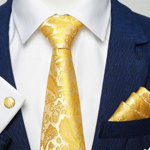 Laços de seda homens gravata conjunto floral amarelo ouro e lenços abotoaduras homens festa de casamento terno moda paisley pescoço