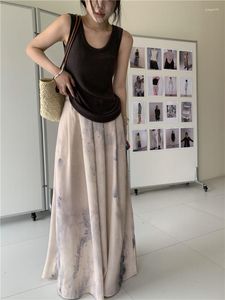 Kadın pantolon Çince mürekkep baskısı büllü düz geniş bacak maxi uzun pantolon etek-şık 2023 şifon y2k kadın moda kore kıyafetleri yaz