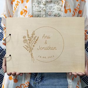 Other Event Party Supplies Personalized Name And Date Calligraphy Guest Book Laser Engraved Wedding Guest Book Rustic Floral Wooden Guestbook Sign-in Book 230829