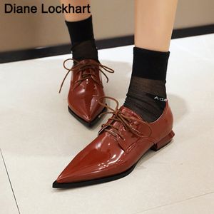 GAI Kleid spitze Zehen-Schnürwohnungen Lackleder lässig flacher Absatz Damenschuhe solide kurze Faulenzer Studenten Mokassins Femme Chaussures 230830