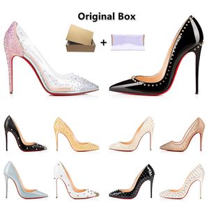 Designer High Heels Dress Shoes Sneakers Women Luxury Glitter Rivets äkta läder Sexig spetsig tå svart vit 8cm 10 cm 12 cm fest lady girl wedding sko med låda