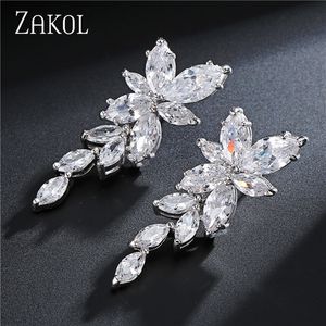 Hoop Huggie Zakol Fashion Leaf Zircon Wedding Earrings for Women White Gold Color Marquise Crystal Bridal Earring Party Jewelry Gift 230829