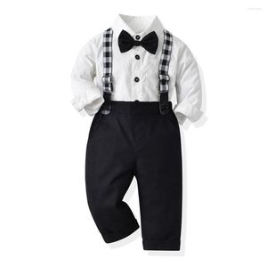 Set di abbigliamento Baby Boy Gentleman Camicia Completo Abbigliamento Primavera Autunno Cotone Bambini Costume Top a maniche lunghe Pantaloni Strap Outwear Nero Bianco