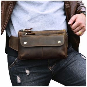 Waist Bags Quality Leather Men Casual Design Belt Bag Chest Pack Fashion Cowhide Travel 7" Phone Cigarette Case Pouch Male