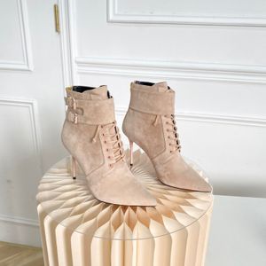 Balmais Zip Botas Dedo Apontado Tornozelo Salto Stiletto Lace-up Fivela Botas De Bezerro Sola Mulheres De Luxo Designer Vestido De Noite Sapatos De Casamento Calçados De Fábrica