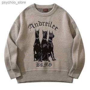 Doberman köpek deseni vintage kazak erkekleri y2k sokak kıyafeti hip hop vintage örme 2022 yeni harajuku moda retro gündelik kazak q230830