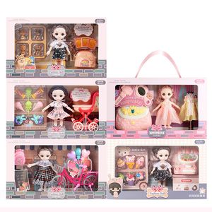 Beauty Fashion 33cm Princess Doll Play House Gift Box Suit Girl Bicycle Shopping Cart Set Dress Up Toy Christmas Gifts 230830