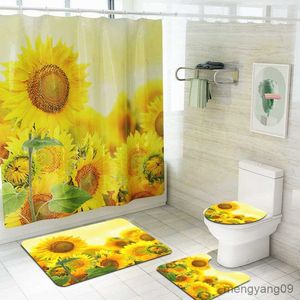 Shower Curtains Full Screen of Sunflowers Pattern Shower Curtains Set Cover Mat Sets Waterproof Bathroom Curtain R230830