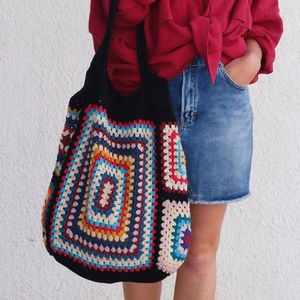 Evening Bags Colorful Big Shoulder For Women Granny Square Crochet Black Navy Apricot Boho Handbags Cute Woven Purse Summer Beach