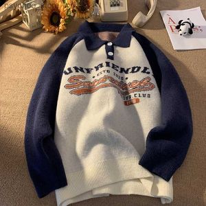 Amerikan Vintage Örgü Sweater Man Street Giyim Harajuku Moda Polo Yaka Külot İnsan Sonbahar ve Kış Erkek Giysileri Q230830