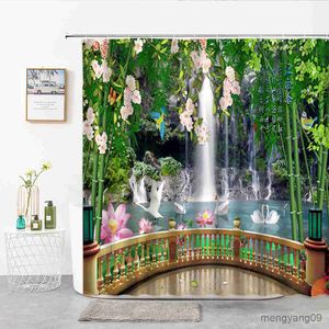 Shower Curtains Summer 3D Outside The Window Ocean Landscape Shower Curtains Seaside Coconut Tree Pattern Washable Home Bathroom Decor Curtain R230831
