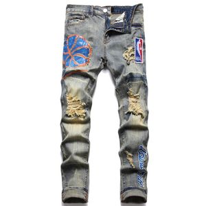 Jeans da uomo Leggings slim fit elasticizzati con patch traforata stampati e tinti