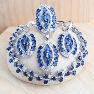 Sets Sier Bridal Jewelry Sets Blue Zircon Costume Jewellery Wedding Rings Earrings Pendant Bracelets Necklace Set for Women