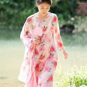 Blusas femininas johnature 2023 outono mulher impressão original rosa frênulo estilo chinês camisa casual o-pescoço linho solto vintage