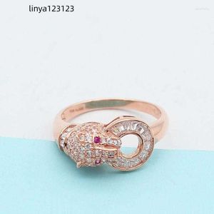 Cluster Rings 585 Purple Gold 14K Rose Inlaid Leopard Head Crystal For Women Opening Charm Design Light Luxury Jewelry Gift