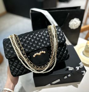 CC Designer Pearl Chain Bag Designer Crossbody Bag Bag Counter Fashion Leather Leather Womens Presenger Bag Bag Lady Clutch Bag Classic Diamond Lattice 26cm