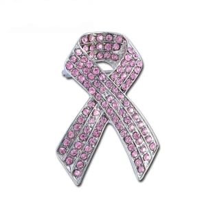 SPILLA A NASTRO PER LA CONSAPEVOLEZZA DEL CANCRO AL SENO DA 2 POLLICI IN ARGENTO RODIATO con CRISTALLI rosa brillante con STRASS