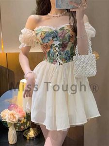 Verão kawaii doce estilo coreano dres floral impressão frança vintage festa mini vestidos casuais elegante bonito vestido de fadas 2022 230808