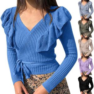 Women's Sweaters Fashion For Women Cute Shirts Autumn And Winter Ladies Lace Up Slim Pure Color Knitwear Long Xmas Tops