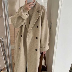 Womens Wool Blends Autumn And Winter Korean Version Loose Tie Fashion Temperament Doublebreasted Thickened Long Woolen Coat Women 230830