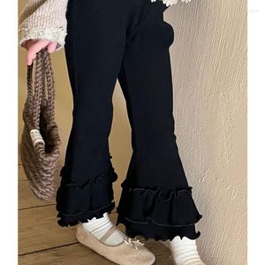 Trousers 7406 Children Pants Autumn 2023 Wooden Ear Leggings Korean Girls Lace Baby Stretch Bell Bottoms