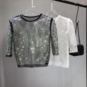 Damenblusen, Mesh-Diamant-Kristall-Mantel, Ultra-Fee-Innenseite, Take-Party, Bling, ausgehöhltes Oberteil, ungefüttertes Oberteil und glänzendes T-Shirt