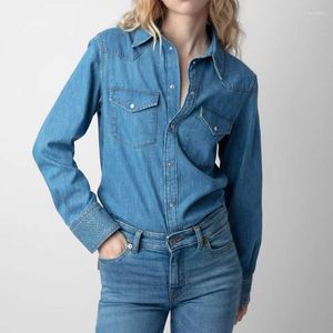 Women's Blouses 2023 Autumn Blouse Cuff Rhinestone Decoration Single-breasted Blue Denim Shirt Women Tops