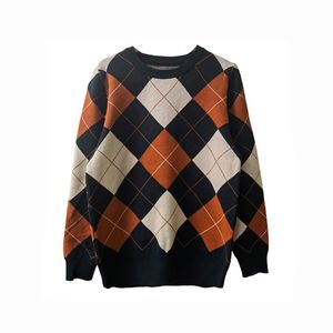 Women Winter Warm Knitted Sweater Female Vintage Thick Loose Pullover Ladies Korean Casual Round Neck Argyle Streetwear