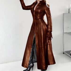 Women's Leather 2023 PU Jacket Stand Collar Zipper Long Trench Coat Solid Color Sleeve Slim Fashion Casual