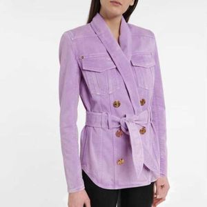 2023 Spring New Same Style Women's Jacket Double Breasted Taro Purple Lace Up Denim Suit Coat Balman''balmian OBX3
