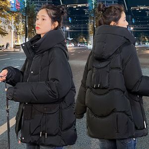 Kvinnors dikerockar 2023 Huva Parka Kvinnor Winter Coat Cotton Padded Jacket Pocket Puffer Djockat varma koreanska mode Ytterkläder