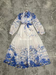 Basic & Casual Dresses Blue printed dress with lapel and buckle