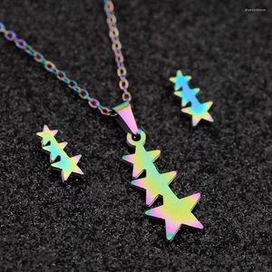 Necklace Earrings Set WANGAIYAO Fashion Seven-color Five-pointed Star Pendant Personality Matching Colorful Collarbone Chain Ear