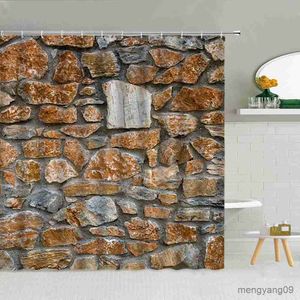 Cortinas de chuveiro de pedra parede de tijolo cortina de chuveiro antigo padrão de cor tecido suprimentos de banheiro decoração cortinas penduradas impressão 3D lavável R230830