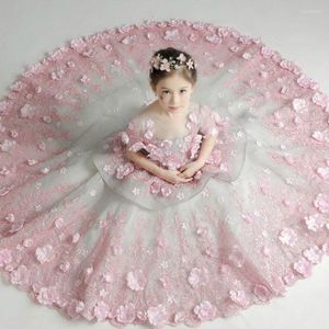 Girl Dresses 3d Applique Pink Flower Dress Kids Princess Short Sleeve Floor Length A-line Wedding Tulle Prom Ball Pageant Gowns 2023