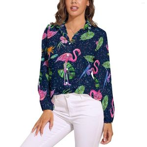 Blusas femininas rosa pássaros imprimir blusa solta flamingo festa estilo de rua oversize das mulheres manga longa camisa vintage verão gráfico topos