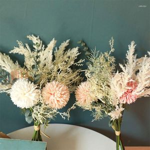 Dekoratif Çiçekler Yapay Pembe Buket Ev Düğün Oturma Odası Masa Dekoru Bulrush Çiçek Pampas Çim Plastik Sahte Bitkiler