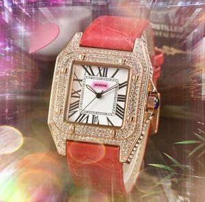 Square Roman Dial Tank Series Watch Woman 36mm Men 43mm äkta ko läder kvartsrörelse full diamanter ring case klocka ros guld silver par stil klockor gåvor