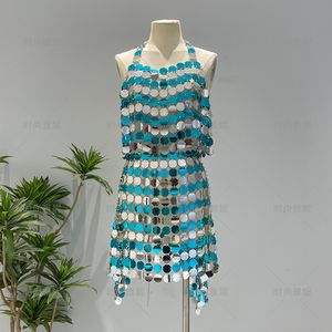 Two Piece Dress Vintage Mirror Body Chain Halter Crochet Top Sequined Disc Tassel Mini Skirts 2 Matching Set 230830