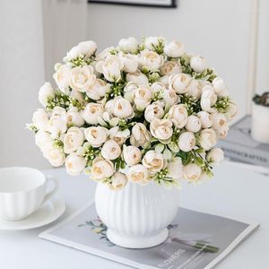 Dekorative Blumen, 5 Gabeln, 15 Köpfe, Seidenrose, kleine Teeknospe, künstlich, für Hochzeit, Weihnachten, Dekoration, Zuhause, dekorativer Blumentopf, Pografie-Requisite