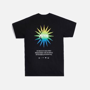 2023 Novo designer KITH Uprising Sun Camisetas masculinas Tendências Marca The New Yorker Skyline Quiosque Coelho Corte de papel Impresso Pescoço redondo Solto Casual Camiseta de algodão