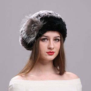 Berets Beret Caps for Women Genuine Rex Rabbit Fur Hat Elegant Wholesale Elastic Knitted Headwear Bonnets Winter Lady 230831