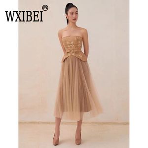 Two Piece Dress WXIBEI Embroidery Evening Gown Women's 2023 Summer Fashion PU Strapless Top Pleated Mesh Patchwork Skirt Twopiece Set FC661 230830