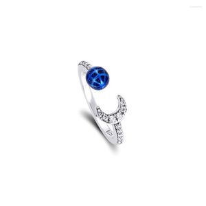 Cluster Rings Ring Blue Earth An Moon Open 925 Sterling Silver Original Jewelry Wedding Bands For Women Gift R254