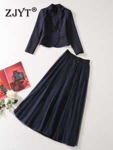 Autumn Elegant Blazer and Mesh Spirt Suit 2 -częściowy dla kobiet 2023 Office Lady Party Strój Conjuntos de Falda vestidos Blue
