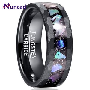 Pierścienie ślubne Nuncad 8 mm Starry Sky Bottom Abalone Shell Edge Hammered Lasa Black Tungsten Pierścień Męskie Pierścienie Męskie Pierścienie dobrej jakości 230831