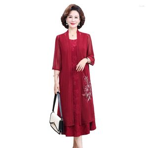 Casual Dresses Autumn Mother of the Bride Red Long Sleeve Ruffles Knee Length 2-Piece Set Dress Women Party Wedding Guest